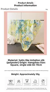 Close-up of elegant blue and yellow floral satin silk scarf on a stylish white handbag