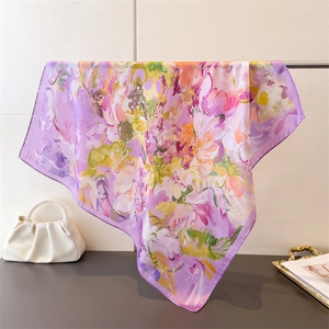 Elegant Square Scarf Imitation Satin Polyester Satin Oil Painting Flower Print Versatile Headscarf Neck Scarf For Women