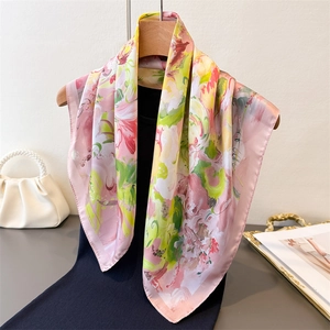 Elegant floral print silk scarf with abstract oil painting design and hand-rolled edges
