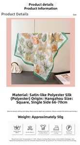 Detail showing tulip print satin square scarf with material and size specifications
