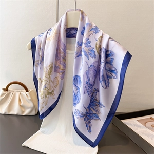 Floral Print Satin Square Scarf For Women Satin Like Tulip Pattern Elegant Neck Head Kerchief Shawl Accessory