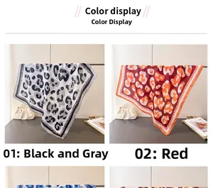 Leopard print silk scarves in black-gray and red tones with decorative edge detail
