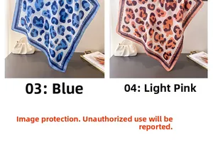 Detailed comparison of blue and light pink leopard print square silk scarves on a table
