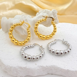 Boucles D'oreilles Créoles Perlées Laiton Plaqué Or 18K Bulle Rondes Minimalistes Bijoux De Mode Femmes