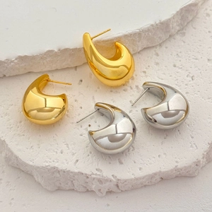 Minimalistische dicke hohle Tropfenohrringe-Set in poliertem 18K Gold und Silberfinish