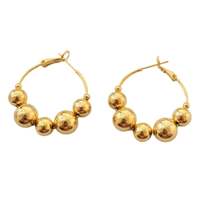 Polished 18K gold plated hoop earrings featuring five symmetric round metal beads