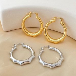 Boucles Oreilles Créoles Texture Bambou Cuivré Plaqué Or 18K Géométrique Creux Bijoux Femmes