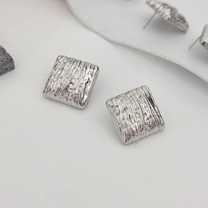 French vintage silver square stud earrings with unique vertical textured ripple pattern