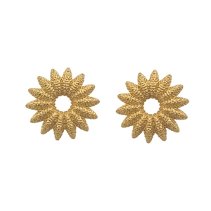 Matte gold plated sunflower earrings with textured metal and hollow center design