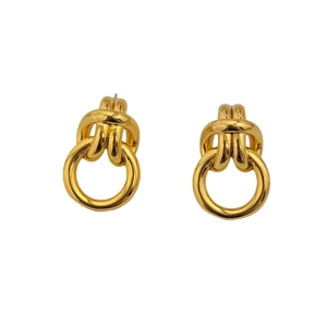 Minimalist gold knot drop earrings with interlocking loops on a clean white background