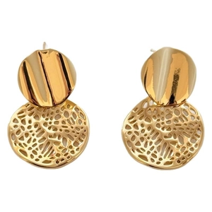 Elegant gold hollowed textured drop earrings with minimalist round mirror disc design