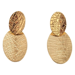 Exaggerated golden double oval drop earrings with geometric textured finish for women