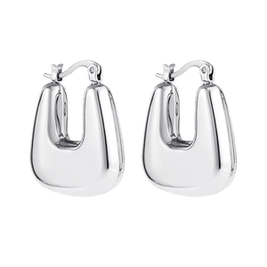 Minimalist silver U-shaped chunky hoop earrings with a polished metallic mirror finish