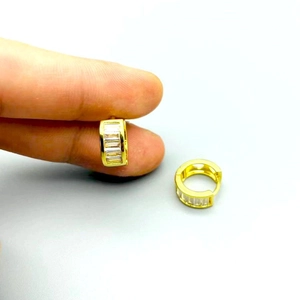 Golden U-shaped hoop earrings with rectangular cubic zirconia inlays for a luxury look