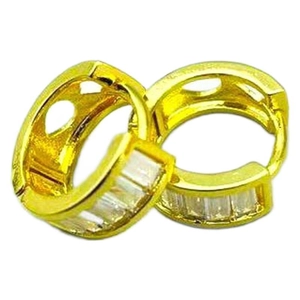 Elegant gold huggie earrings with micro-set rectangular zircons on a white background