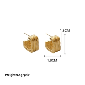Minimalist gold-tone square hoop earrings with textured vertical stripes and C-shape design