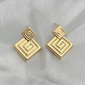 Gold Greek key pattern square stud earrings with minimalist geometric design for women