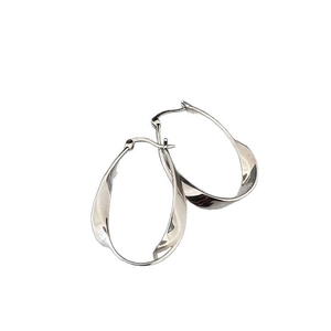 Detailed view of silver Mobius twist hoop earrings with polished metal drop shape