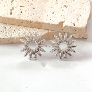 Polished silver sunflower earrings with minimalist petal design on natural stone base