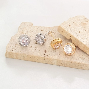 Round Halo Stud Earrings Copper Cubic Zirconia Four Prong Elegant Simple Fashion Jewelry For Women