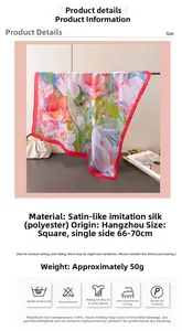 Detailed view of tulip floral silk scarf with red border and washing instructions