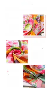 Detail view of fine tropical floral print and quality hem on imitation silk scarf