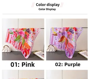 Detail view of floral print silk square scarves in pink and purple satin fabric