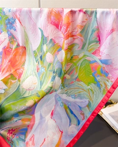 Detail of floral printed satin silk square scarf with oil painting tulip patterns