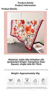 Detail info showing a floral cat silk scarf with size specs and care instructions