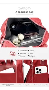 Detail showing the large capacity and multiple pockets of this red nylon backpack