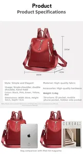Detailed size chart and red oxford backpack capacity comparison with iPad and A4 magazine