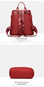 Detailed back view and base of red water-resistant oxford nylon backpack with straps