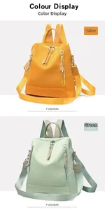 Detailed view of yellow and green Oxford fabric backpacks with stylish double zippers