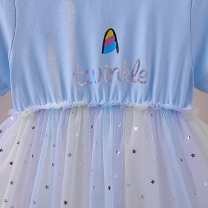 Short-sleeve light blue princess dress for girls with star mesh tulle skirt