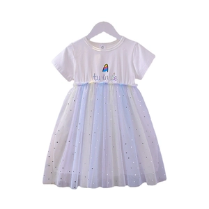 Short sleeve cotton dress for girls featuring twinkle print and purple mesh tulle skirt