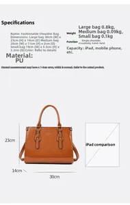 Tableau des tailles pour ensemble de sacs en cuir verni avec comparaison d'iPad