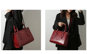 Détail du sac cabas en cuir verni bordeaux avec doubles anses et fini brillant