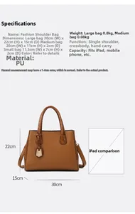 Brown faux leather tote bag set dimensions and iPad size comparison reference