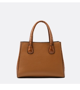 Macro detail of brown faux leather bag showing crocodile pattern and pebble grain texture