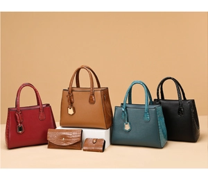 Detailed set of crocodile pattern tote bags in multiple colors with matching wallets
