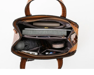 Internal structure of brown crocodile pattern tote bag showing large storage capacity