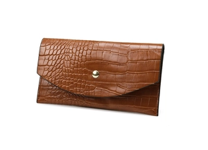 Detailed close-up of brown crocodile texture leather wallet with gold magnetic snap button