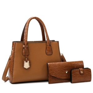 Three-piece brown crocodile embossed leather tote bag set with matching wallets for women