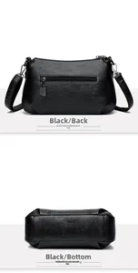 Vue détaillée du sac en cuir noir avec poche zippée arrière et fond rectangulaire stable