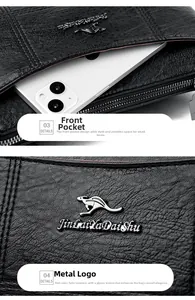 Détail du sac en cuir avec poche avant pour téléphone et logo kangourou en métal