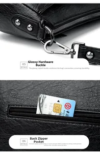 Détails macro du cuir noir avec crochets argentés et poche arrière zippée pratique