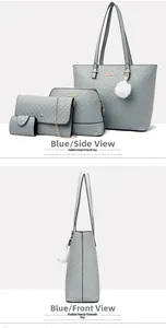 Detail van blauwe 4-delige gewatteerde tassenset inclusief shopper en crossbodytas