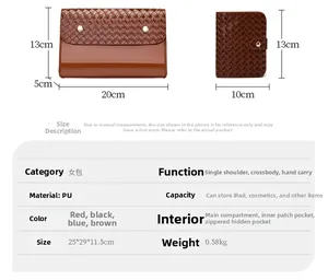 Detailed size chart of brown woven PU leather handbag with envelope clutch and card holder