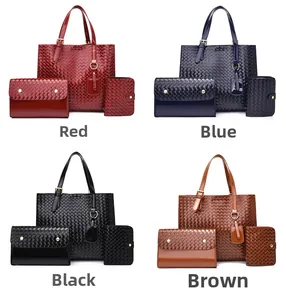 Set of large woven tote bags with matching wallets and card holders in four colors