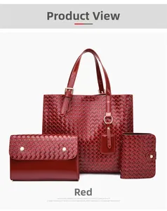 Detailed view of red woven texture 3-in-1 tote bag set with glossy finish and card holder
